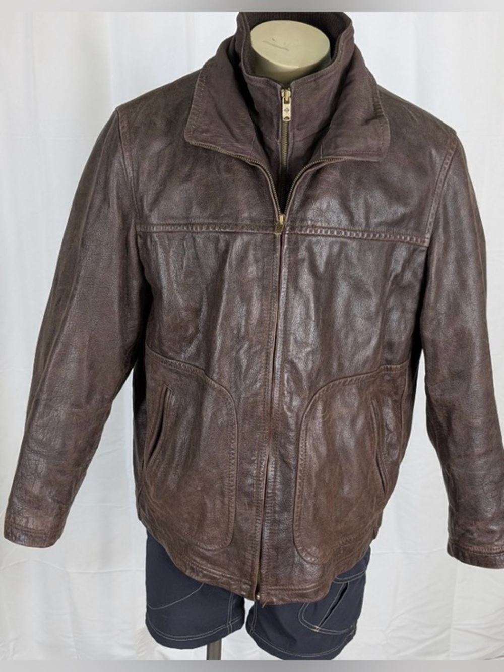 Vintage Columbia Heavy Leather Jacket Mens L Brown 90S Y2K Zip Up Size XL coat